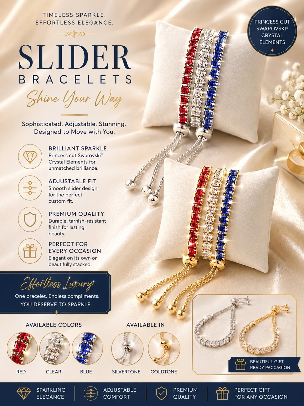 Adjustable Slider Bracelet with Red, Clear & Blue Crystal Elements